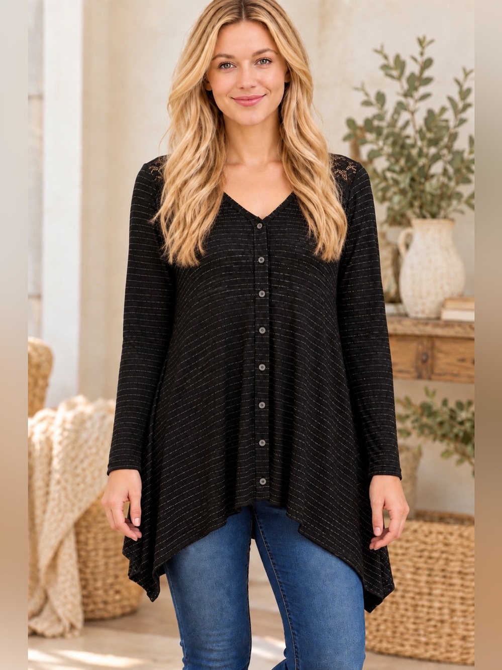 Knox Rose Black Striped Lace Yoke
Tunic Top Asymmetrical Hem
Women's M